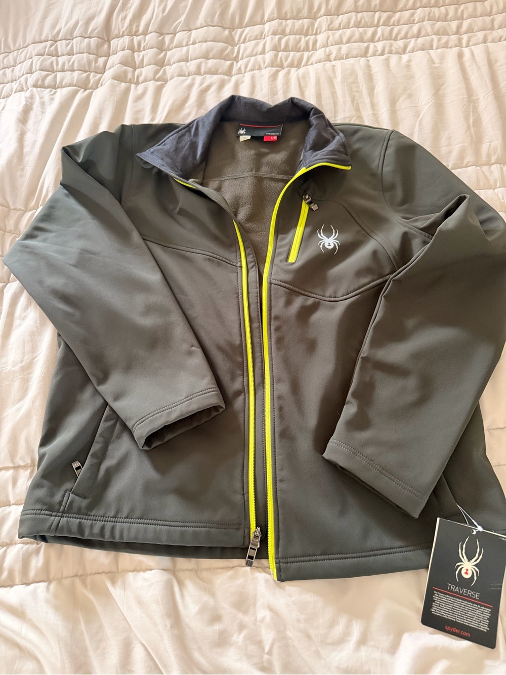 Spyder Men's Olive Green Softshell Jacket with Neon Yellow Trim